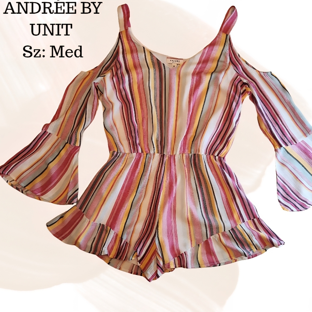 Andree by Unit Multicolor Striped Cold Shoulder Romper Bell‎ Sleeves Size Medium